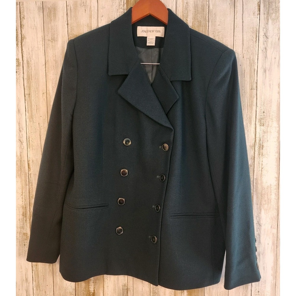 Vtg Jones New York 100% Worsted Wool Double-Breasted Green Peacoat Sz 16W USA